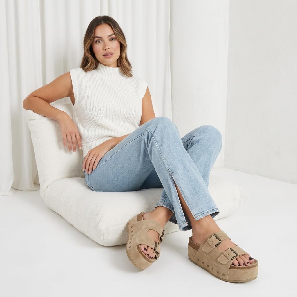 CUSHIONAIRE Guru Platform Sandals Women Footwear – Comfortable Genuine Leather Footbed Studded Chunky Slide Summer Sandals for Women 2026, KHAKI 11