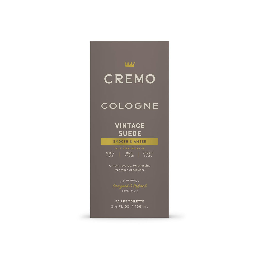 Cremo Cologne For Men - Vintage Suede Mens Cologne Spray, A Combination of White Moss, Rich Amber, and Smooth Suede, Multi-Layered Signature Men's Fragrances, 3.4 Fl Oz