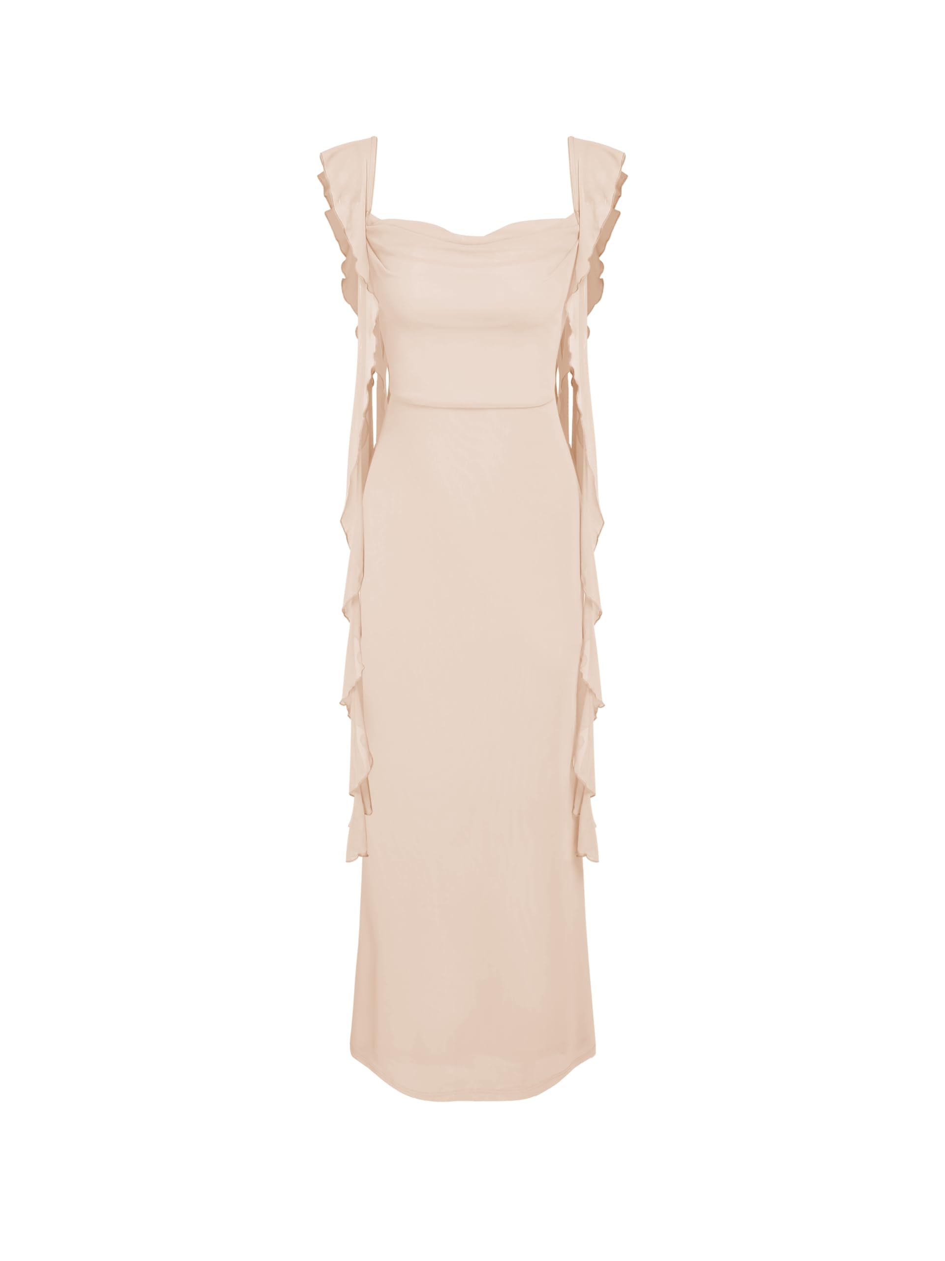 CIDER Formal Dresses for Women Wedding Guest Dresses Summer Maxi Dress Sleeveless Mesh Ruffle Cocktail Dress Elegant Outfits Beige