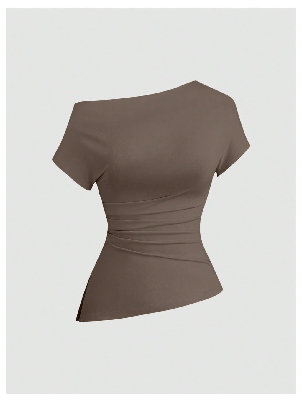 OYOANGLE Women's 3 Pack Short Sleeve Off The Shoulder Tops Ruched Side Slit Asymmetrical Hem Tshirts Black Brown Beige Small