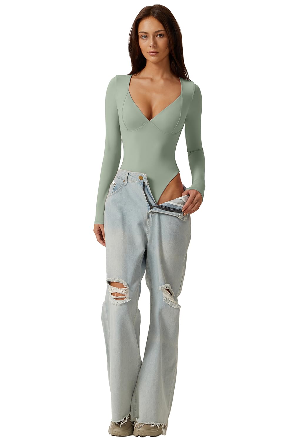 QINSEN Bodysuit Shirts for Women V Neck Seamed Cup Long Sleeve Shirt Double Lined Tops Smoke Green S
