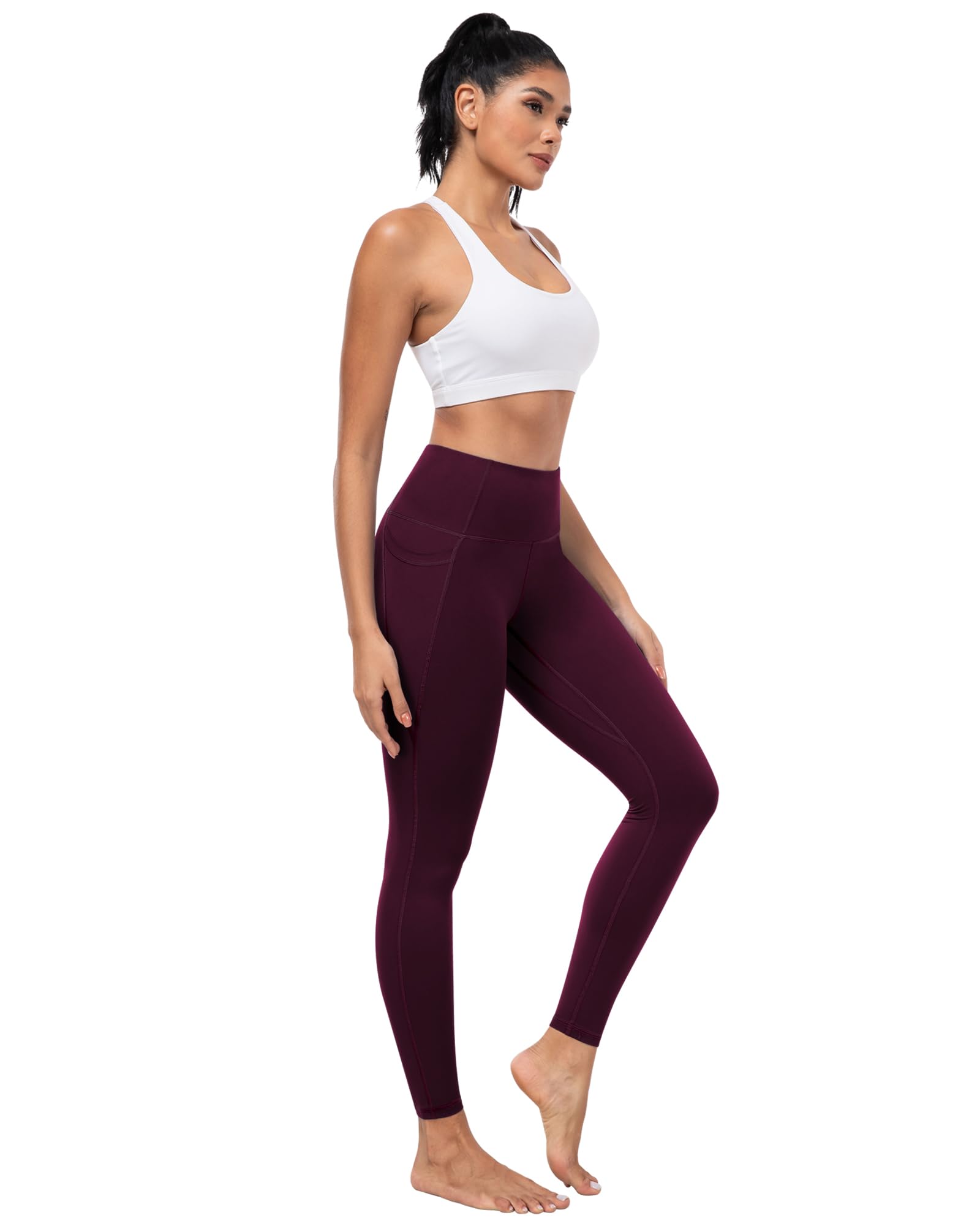 ATHVOTAR Leggings with Pockets for Women, 7 Packs High Waisted Workout Tummy Control Yoga Pants Black/Gray/Navy/Burgundy/Army Green/Dark Brown/Cassis L