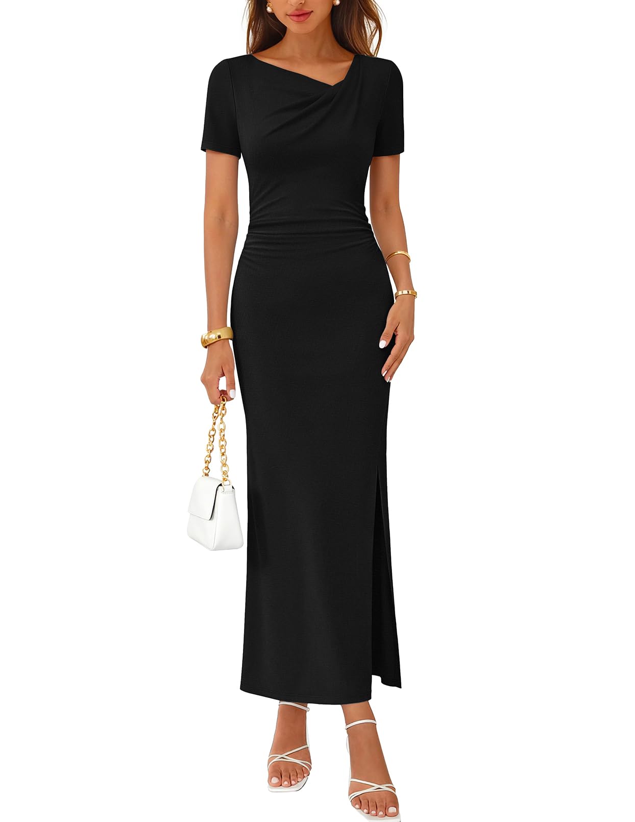 MEROKEETY Women's Summer Short Sleeve Maxi Dress Elegant Ruched Side Slit Formal Wedding Guest Cocktail Prom Dresses, Black, Large