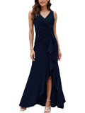 FQA Formal Evening Dresses for Women Elegant Dresses for Women Evening Party Floor Length Navy Blue Prom Dress Long Sexy V Neck Sleeveless Split Wrap