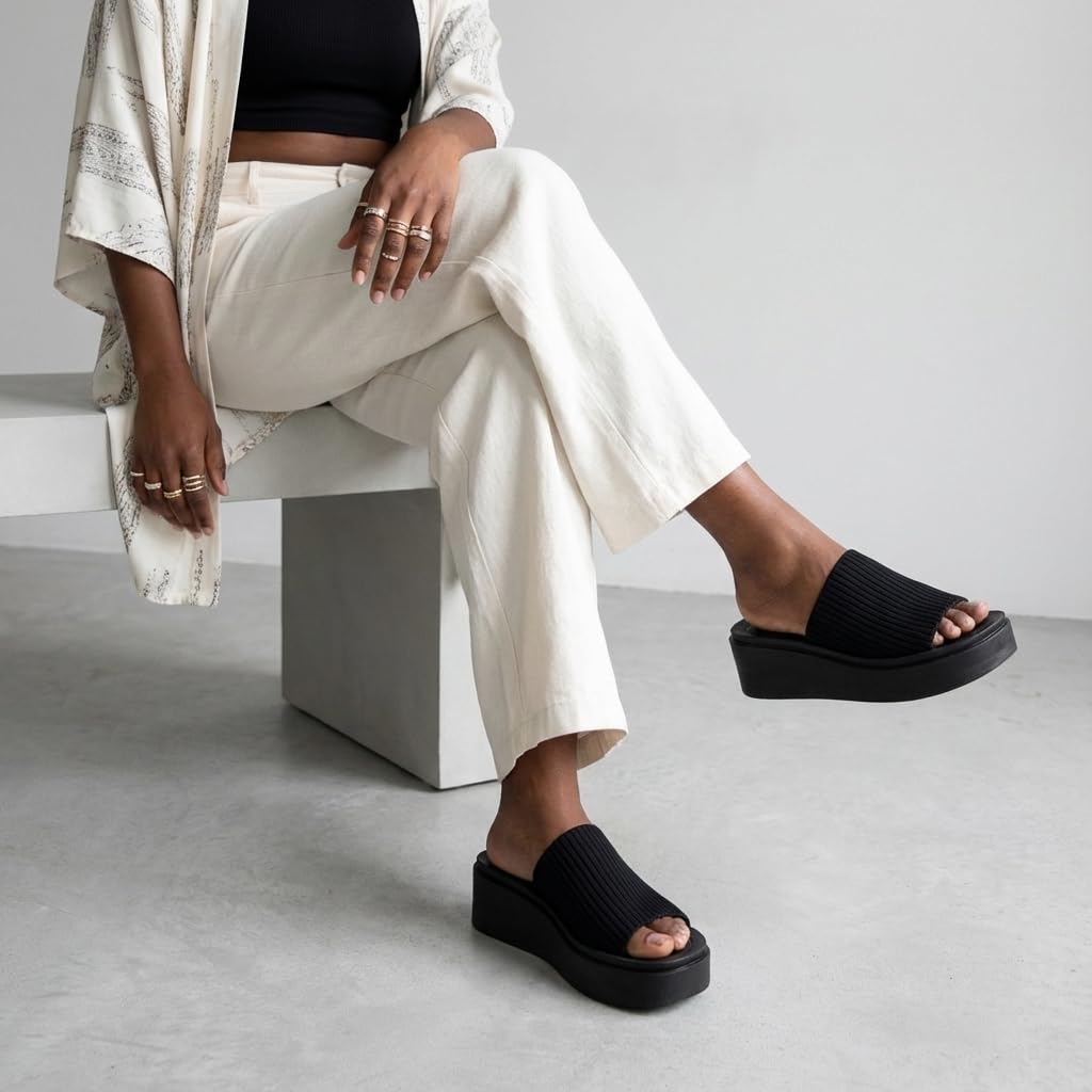 CUSHIONAIRE Pim Wedge Chunky Platform Womens Sandals with Firm Knit Upper & Memory Foam Summer Sandals for Women 2026, BLACK 8.5