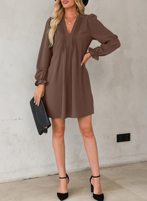 Dokotoo Womens Spring Dress V Neck Sexy Elegant Plus Size Shirt Dresses Long Puff Sleeve Fall Dresses Classy Brown Midi Dress for Beach Party Work Outfit Large