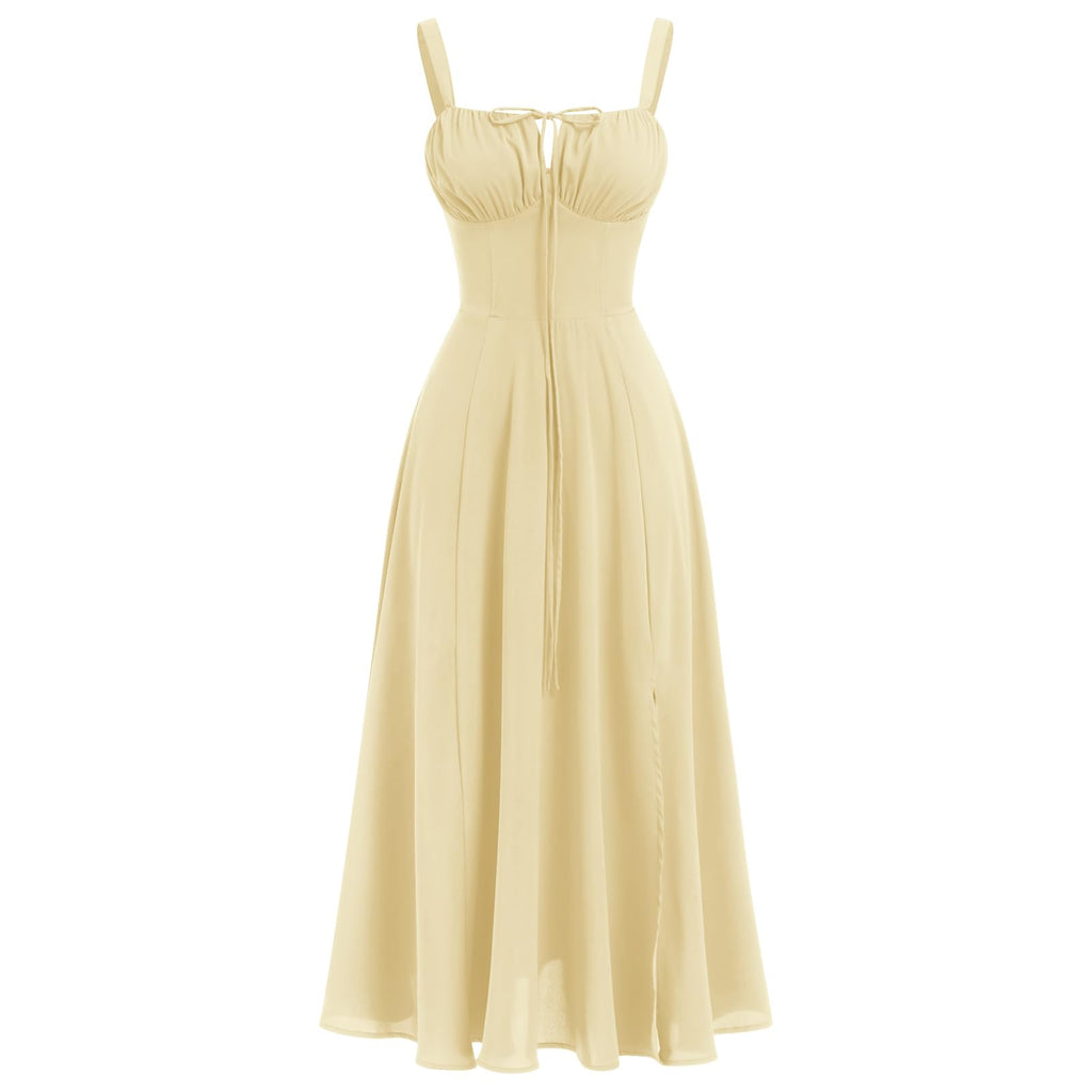 ABEHIK Summer Dress for Women 2024 Floral Corset Dress Boho Flowy Slit Bustier Lace Up Midi Dresses Going Out A Line Casual Sundress Adjustable Spaghetti Straps Bodycon Yellow XS