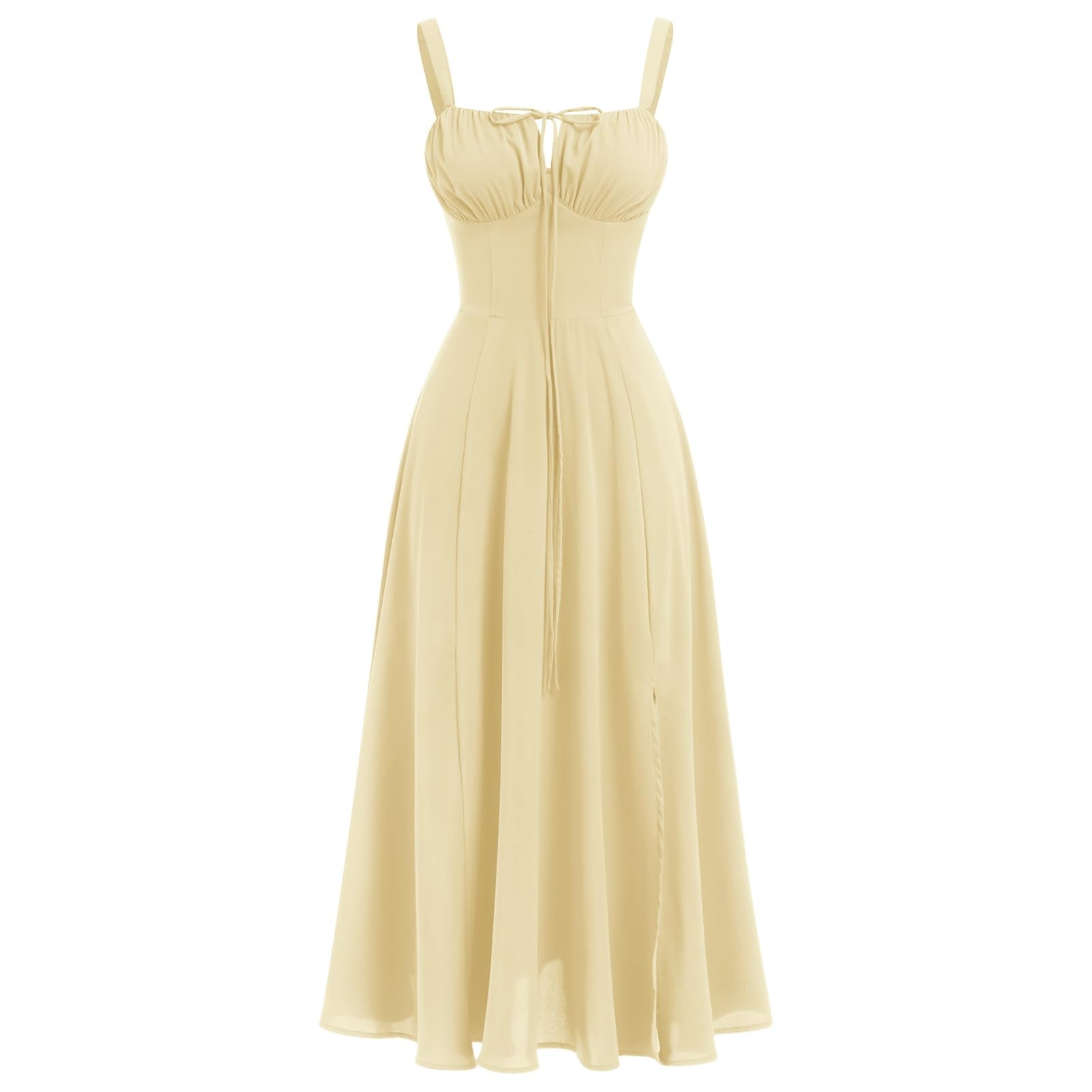 ABEHIK Summer Dress for Women 2024 Floral Corset Dress Boho Flowy Slit Bustier Lace Up Midi Dresses Going Out A Line Casual Sundress Adjustable Spaghetti Straps Bodycon Yellow XS