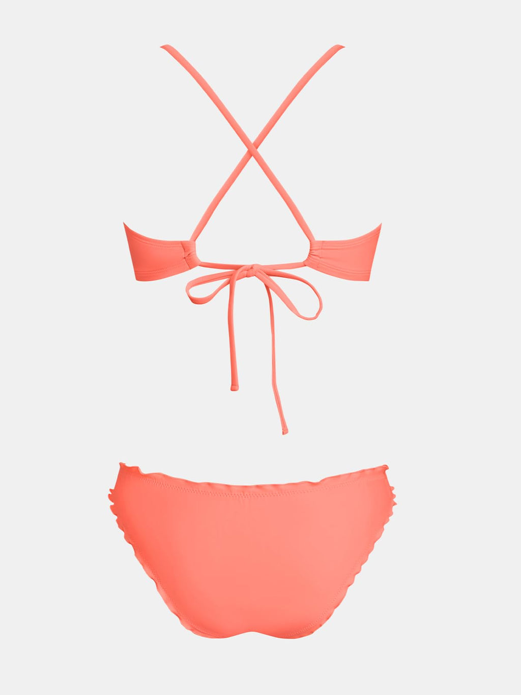 CUPSHE Women's Bikini Sets Two Piece Swimsuit Low Rise Bathing Suits Ruffled Scoop Neck Crossback Tie Cheeky, M Coral Pink