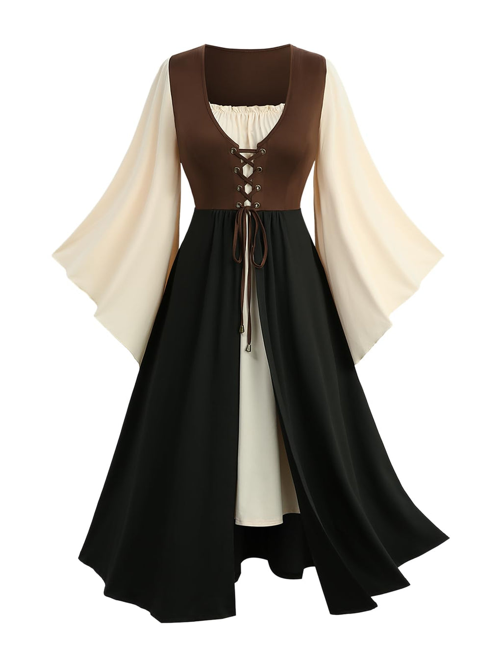 ROSE GAL Plus Size Womens Renaissance Costume Dress Medieval Pirate Peasant Lace-up Long Bell Sleeves Color Block Fairy Dress(Coffee_1/1X)