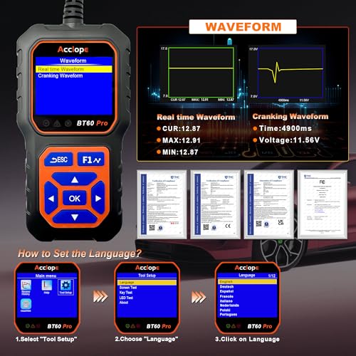 Acclope BT60 PRO Car Battery Tester 6V/12V/24V, 2–120Ah, 100–3000 CCA, Alternator & Starter/Charging System Analyzer, Automotive Load Test, QR Cloud Report (No App), for Car Truck Motorcycle Marine/RV