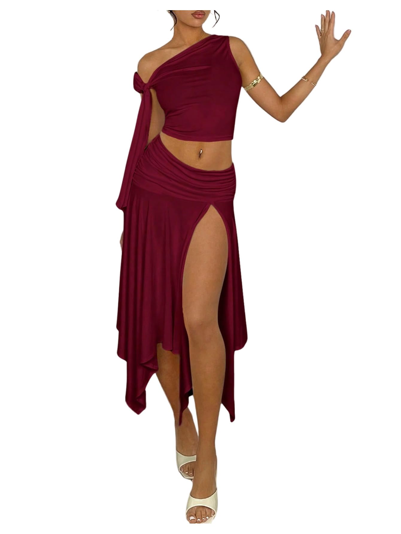 WDIRARA Women's 2 Piece Outfits Asymmetrical Neck Sleeveless Top and Split Thigh Ruffle Midi Skirt Set Burgundy Small