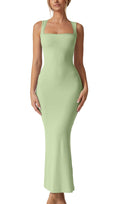 QINSEN Women's Square Neck with Lace Detail Long Maxi Dress Sleeveless Lounge Ribbed Full Length Dresses Green S