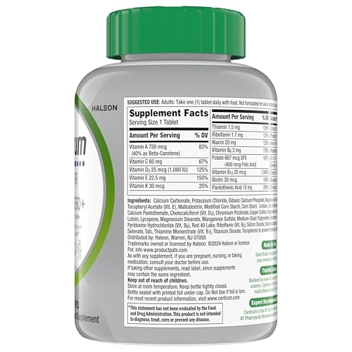Centrum Silver Multivitamin for Adults 50 Plus, Multivitamin/Multimineral Supplement, Vitamin D3, B Vitamins, Gluten Free, Non-GMO Ingredients, Supports Memory and Cognition in Older Adults - 220 Ct