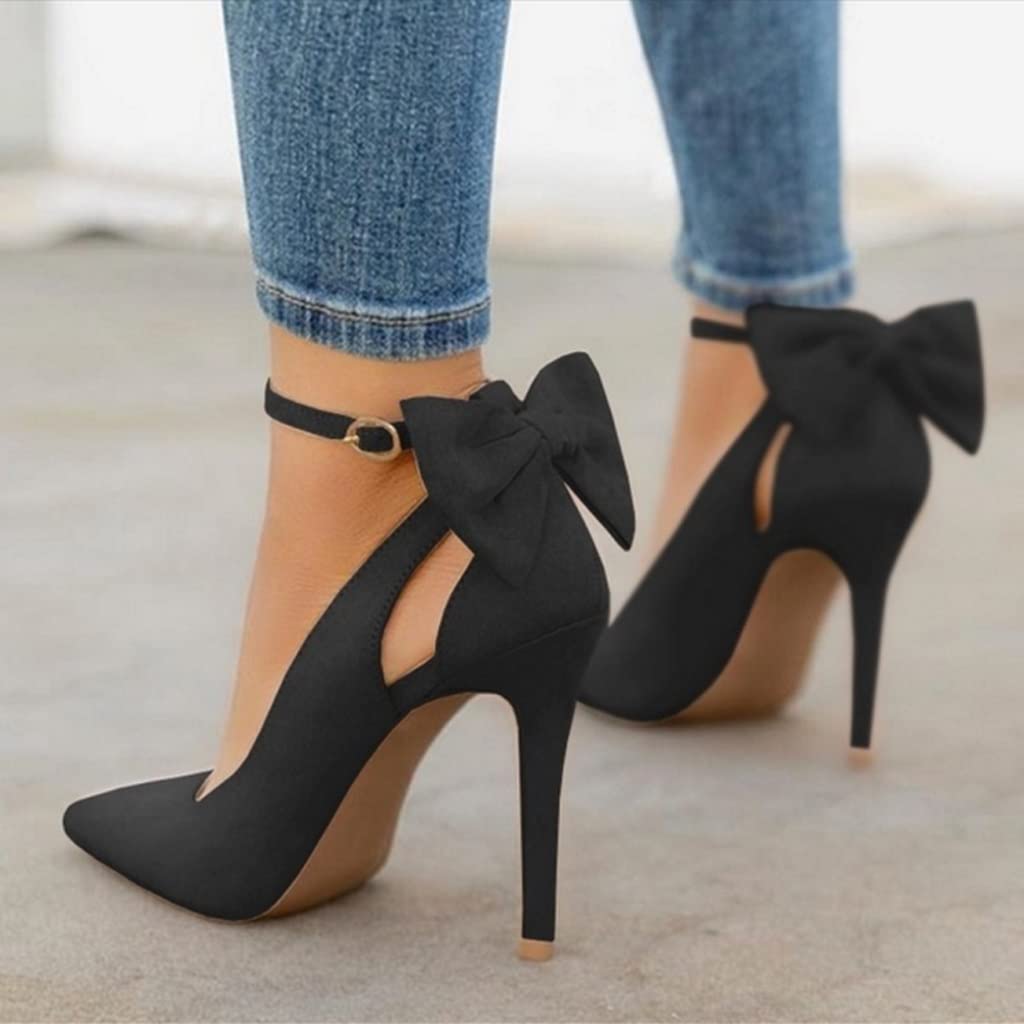 Fashare Womens High Heels Pointed Toe Bowtie Back Ankle Buckle Strap Wedding Evening Party Dress Pumps Shoes A-Black