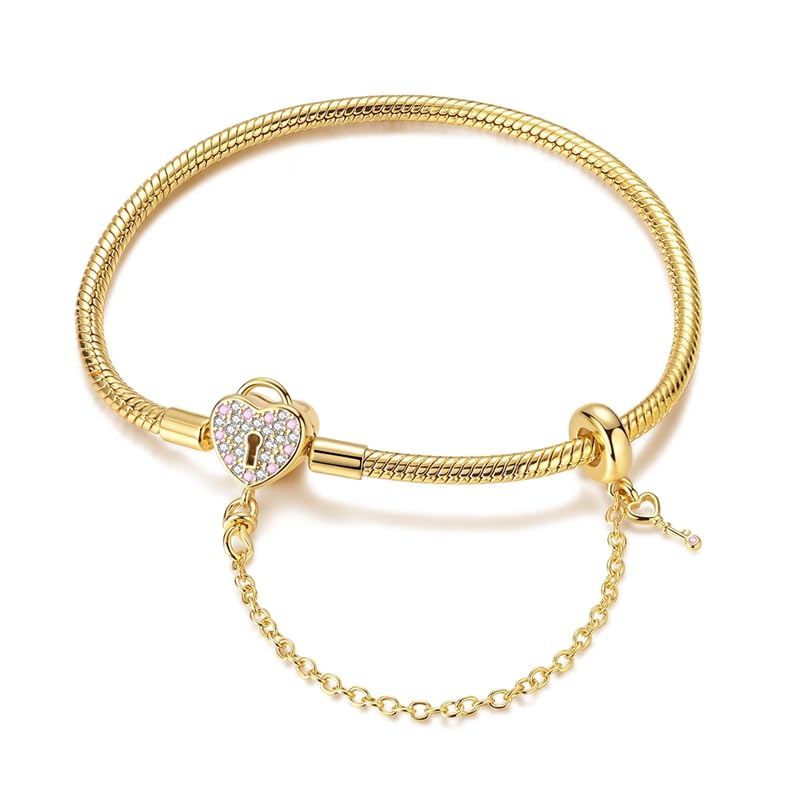 BEVALY 19cm Gold Heart Key and Padlock Charm Bracelet 925 Sterling Silver Bead Bracelet with 5A Cubic Zirconia for Women Gift for Friend
