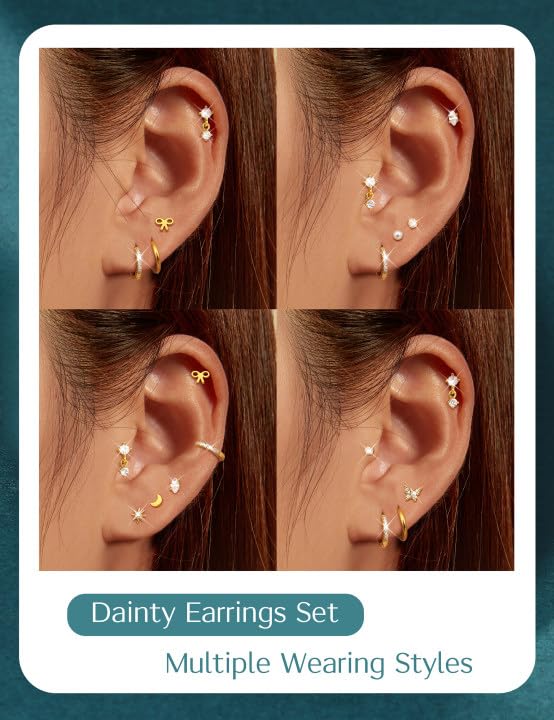 LOLIAS 14K Gold Plated Flat Back Earrings - Hypoallergenic Surgical Stainless Steel Stud Hoop Earrings for Women Girls Kids Cute Stud Earring Set Small Huggie Hoops Cartilage Earring Stacks