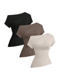 OYOANGLE Women's 3 Pack Short Sleeve Off The Shoulder Tops Ruched Side Slit Asymmetrical Hem Tshirts Black Brown Beige Small
