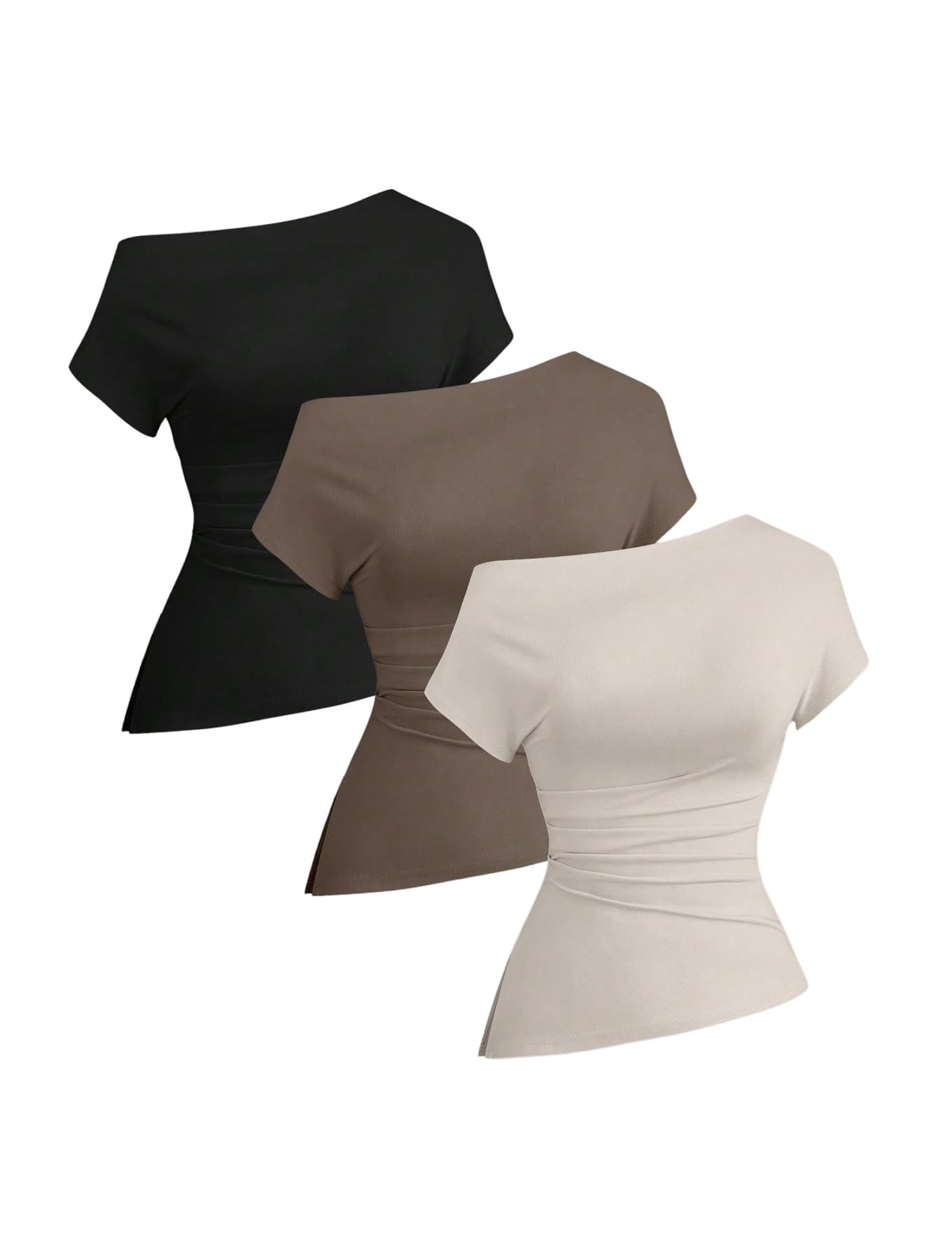 OYOANGLE Women's 3 Pack Short Sleeve Off The Shoulder Tops Ruched Side Slit Asymmetrical Hem Tshirts Black Brown Beige Small