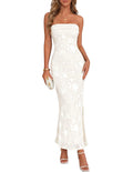 MEROKEETY Women's 2026 Summer Floral Strapless Dress Bodycon Tube Slit Mesh Wedding Guest Cocktail Party Maxi Dresses, White, S