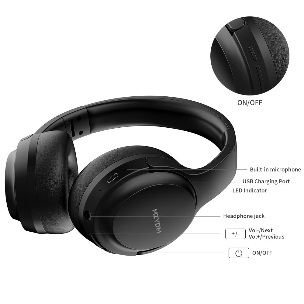MZYDM Bluetooth Headphones Over Ear, 40 Hours Playtime Wireless Headphones with Microphone,5.3 Bluetooth, HiFi Stereo Foldable Lightweight Headset, for Travel Work Cellphone(Black)