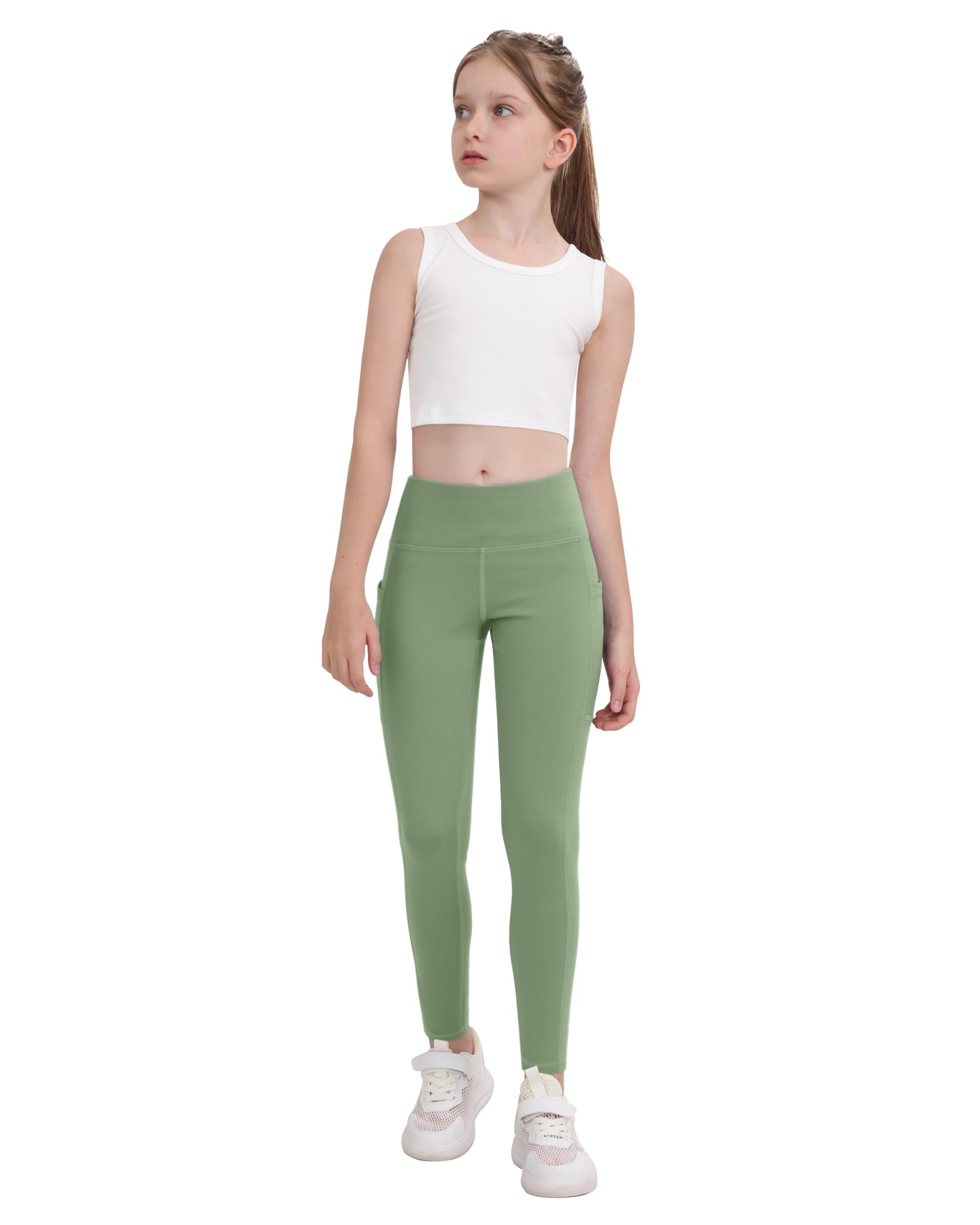 CHRLEISURE Girls' Athletic Leggings with Pockets, 5 Packs Kids Teen Dance Yoga Workout Running Pants for 8-9 Years(BlackGrayRedBlueLGreen, M)