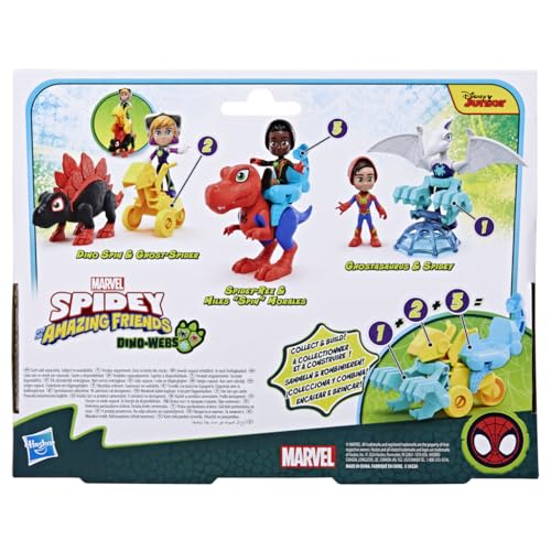 Marvel Spidey and His Amazing Friends Dino-Webs Spidey-Rex & Miles “Spin” Morales 4-inch-Scale Spider-Man Action Figure Set, Toys for Kids
