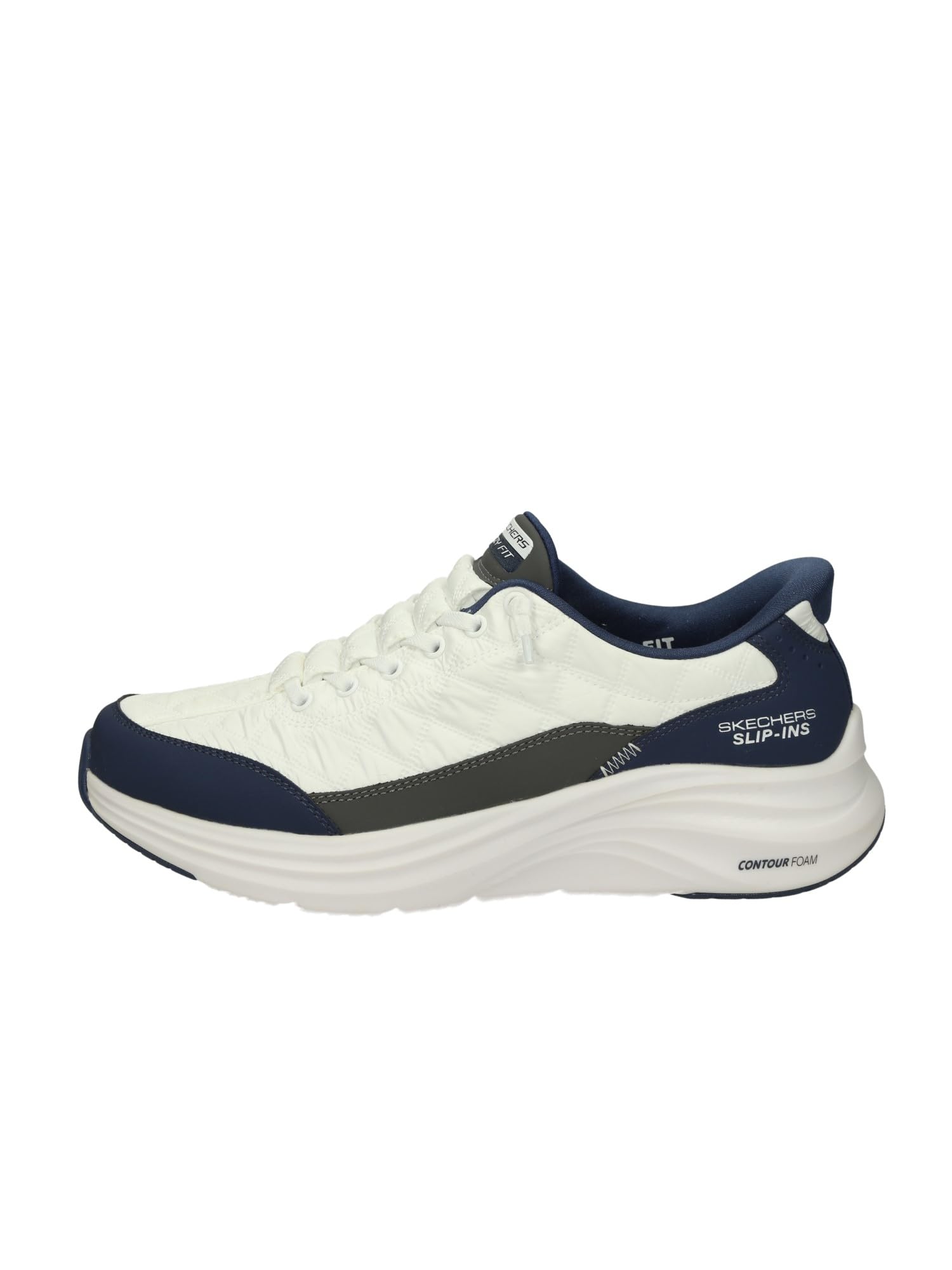 Skechers Men's Contour Foam Cozy Fit Hands Free Slip-in Sneaker,White/Navy,9 Wide