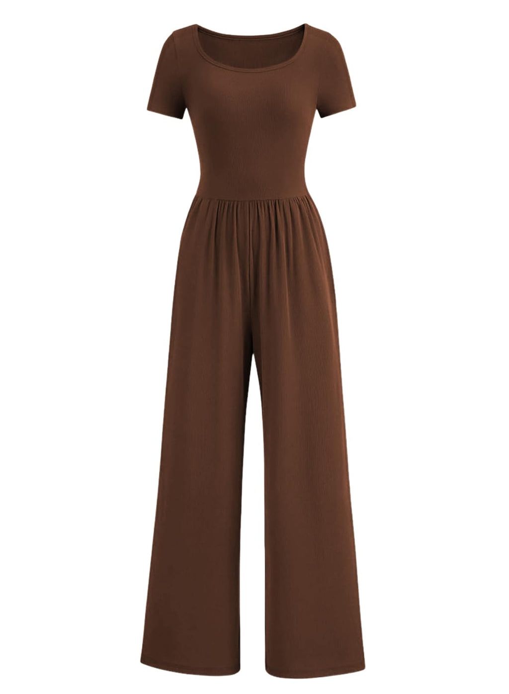 Acelitt One Piece Jumpsuits for Women Dressy Casual Short Sleeve Squared Neck Wide Leg Rompers Jumpers with Pockets Vacation Summer Outfits Brown Large