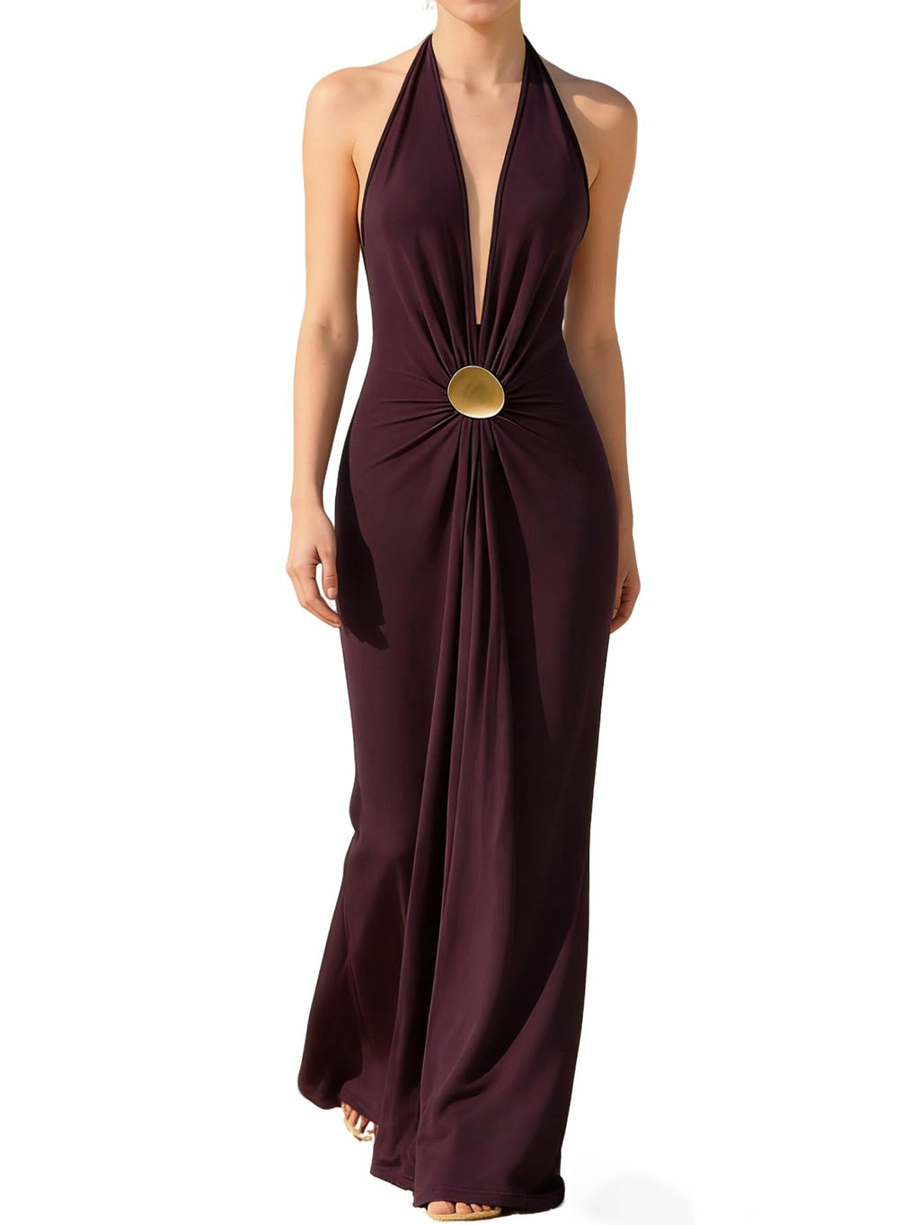 OYOANGLE Women's Deep V Neck Sleeveless Halter Maxi Dress Summer Backless Party Beach Vacation Wedding Guest Dress Burgundy Small