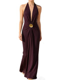 OYOANGLE Women's Deep V Neck Sleeveless Halter Maxi Dress Summer Backless Party Beach Vacation Wedding Guest Dress Burgundy Small