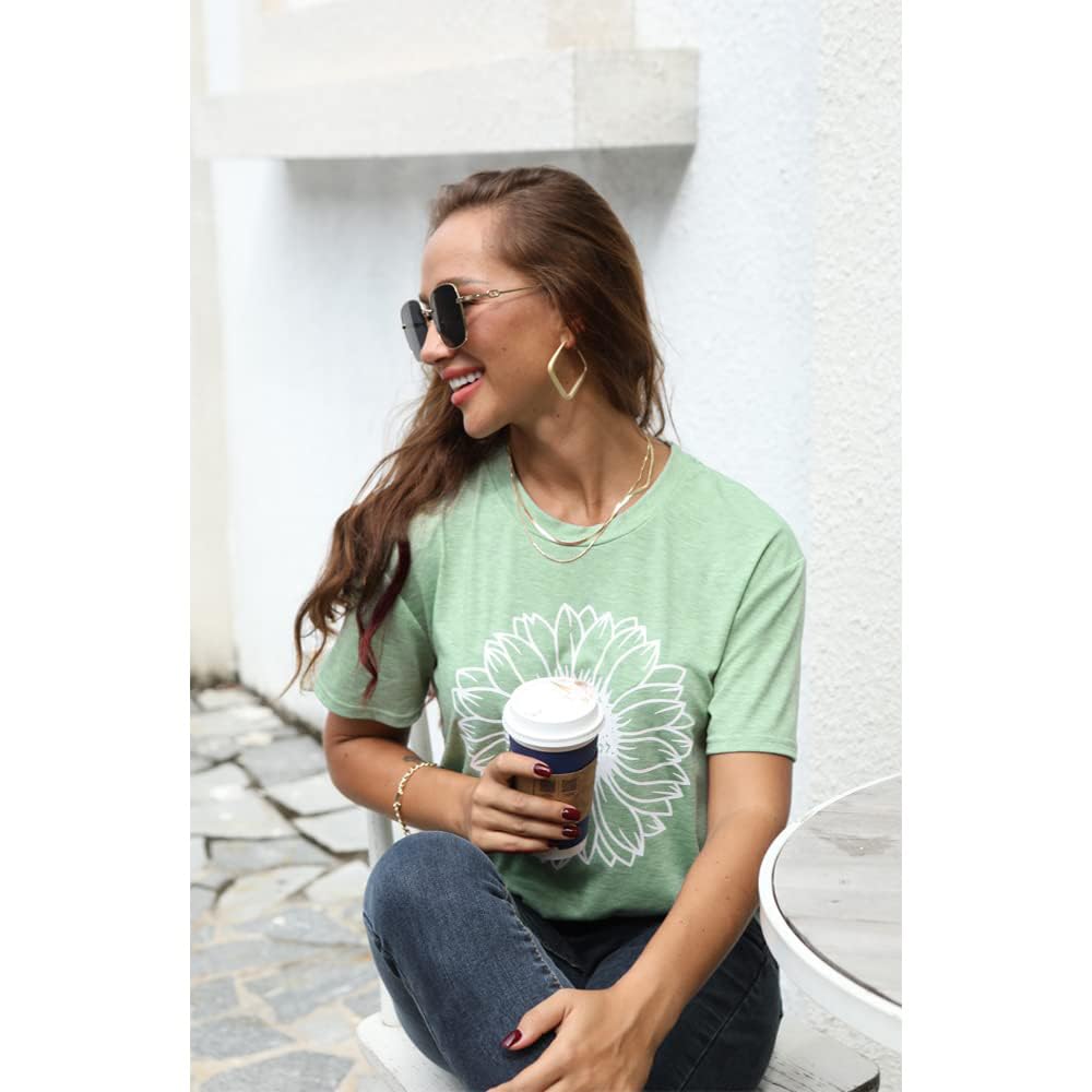 GLIGLITTR Women's Summer Sunflower T Shirt Cute Flower Graphic Loose Tees Crew Neck Short Sleeve Casual Tops (Light Green, Large)