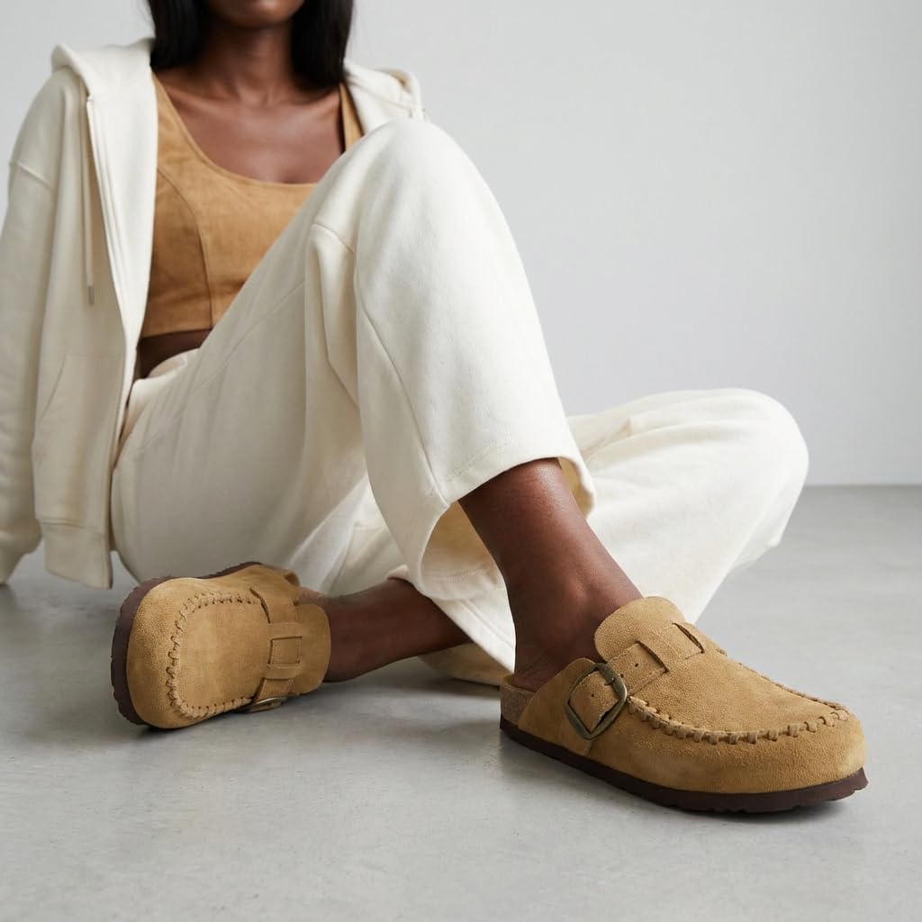 CUSHIONAIRE Canoe Genuine Suede Clogs for Women Footwear with Moc Toe Design – Casual Slip On Womens Shoes, CAMEL 8W