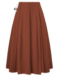 Kate Kasin Women's Long Brown Pleated Midi Skirt Fall Winter 2026 High Waisted Knee Length Flowy A Line Skirts with Pockets
