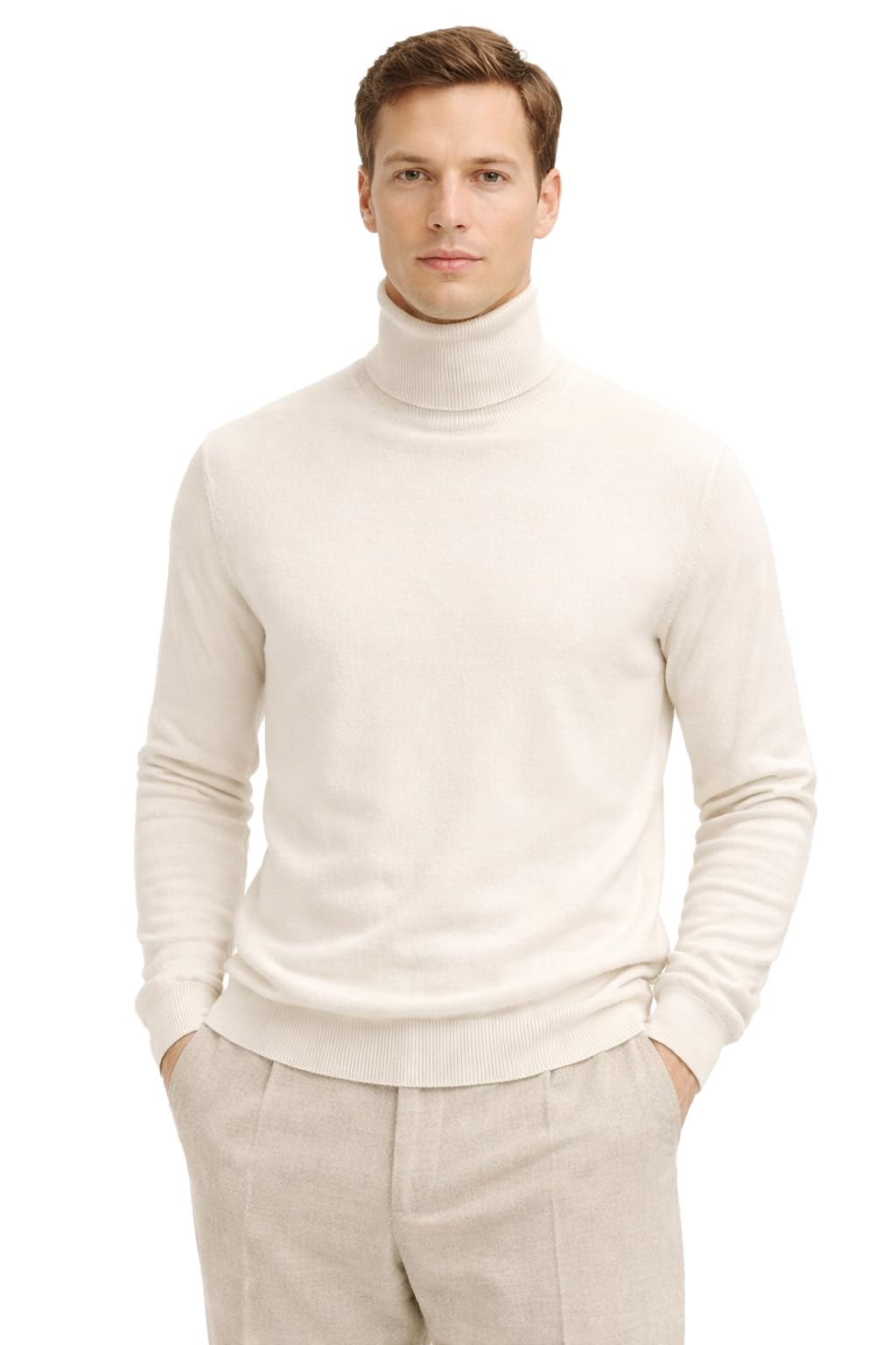 State Cashmere Men's Essential Turtleneck Sweater 100% Pure Cashmere Classic Long Sleeve Pullover (Undyed White, Large)