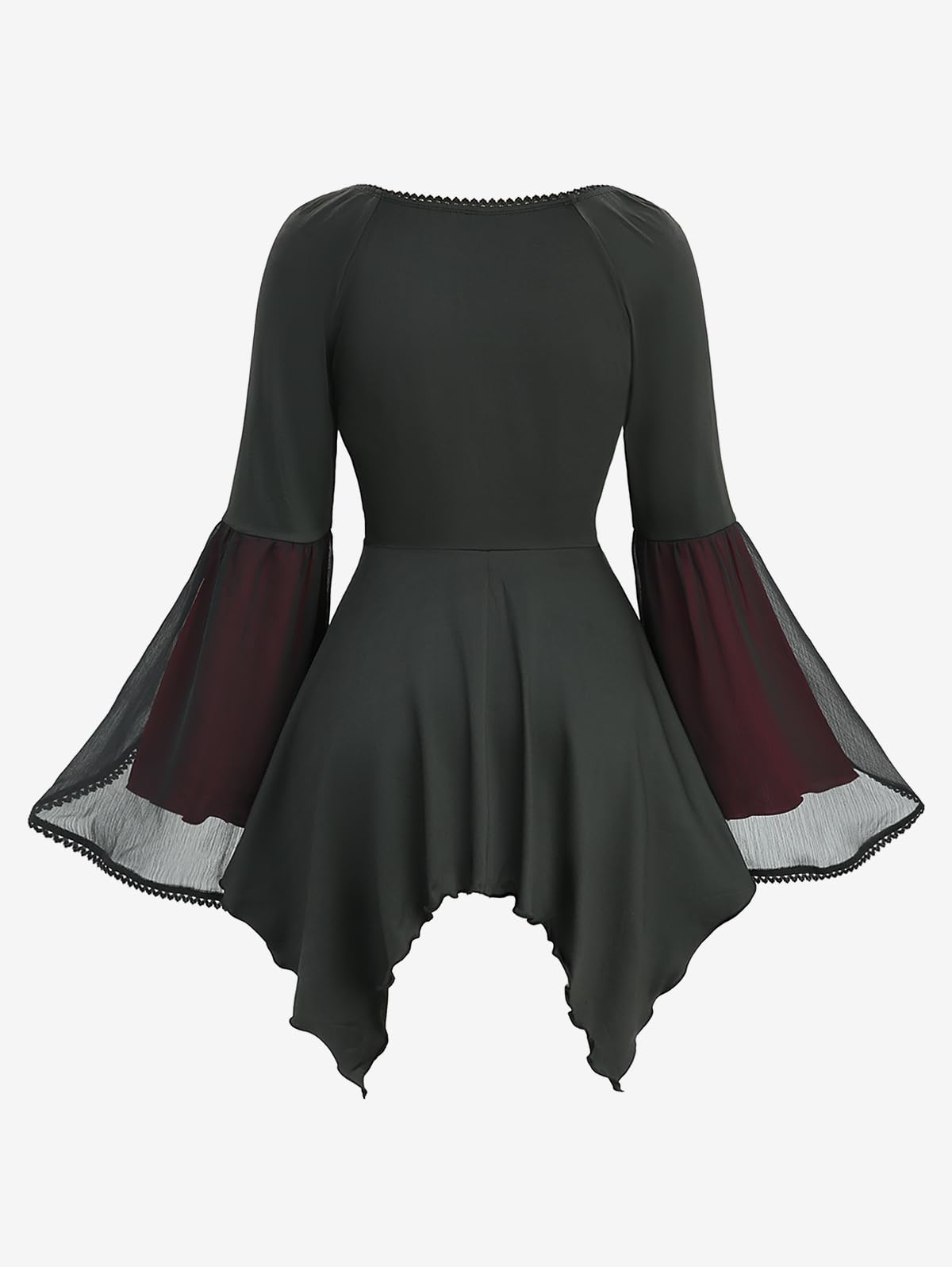 ROSE GAL Plus Size Women Gothic Halloween Costume Two Tone Lace-up Layered Handkerchief Hem Bell Sleeve Goth Top(Black/2X)