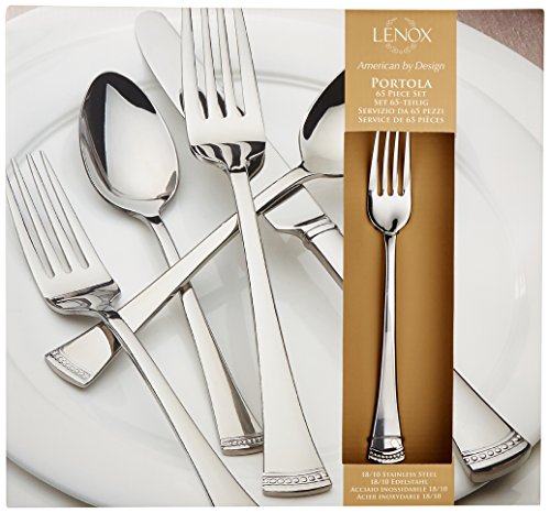 Lenox Silverware Set For 12, Portola 65-Piece Flatware Set with Serving Utensils, Service For 12, 18/10 Stainless Steel Flatware, Dishwasher Safe, Knives Spoons and Forks (Silver, 65 pieces)