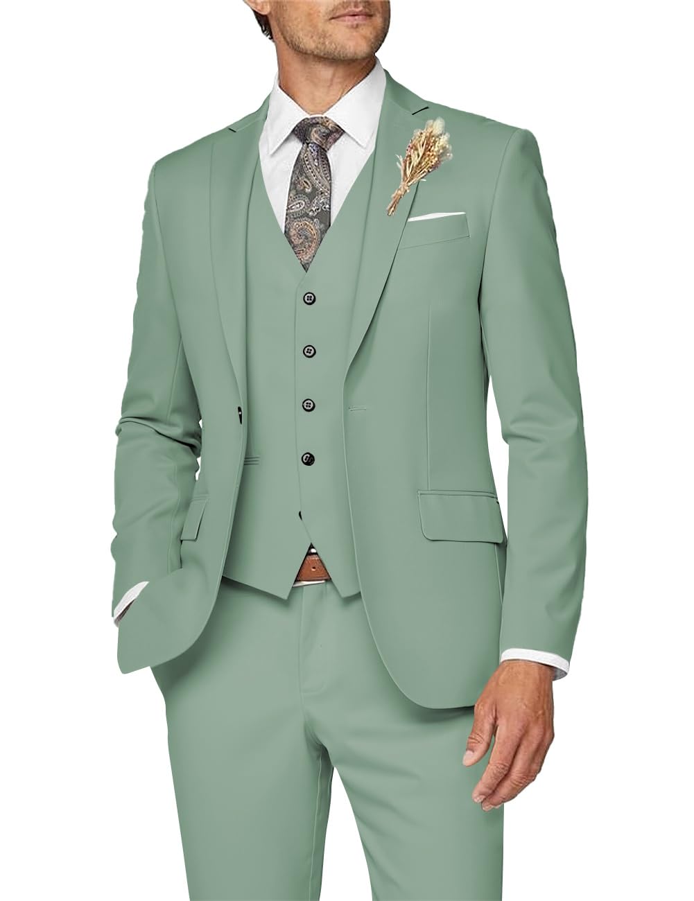 Wangyue Men 3 Piece Suit Sage Green Suits for Men Dinner Party Tuxedo Wedding Suit Groom Groosman, L