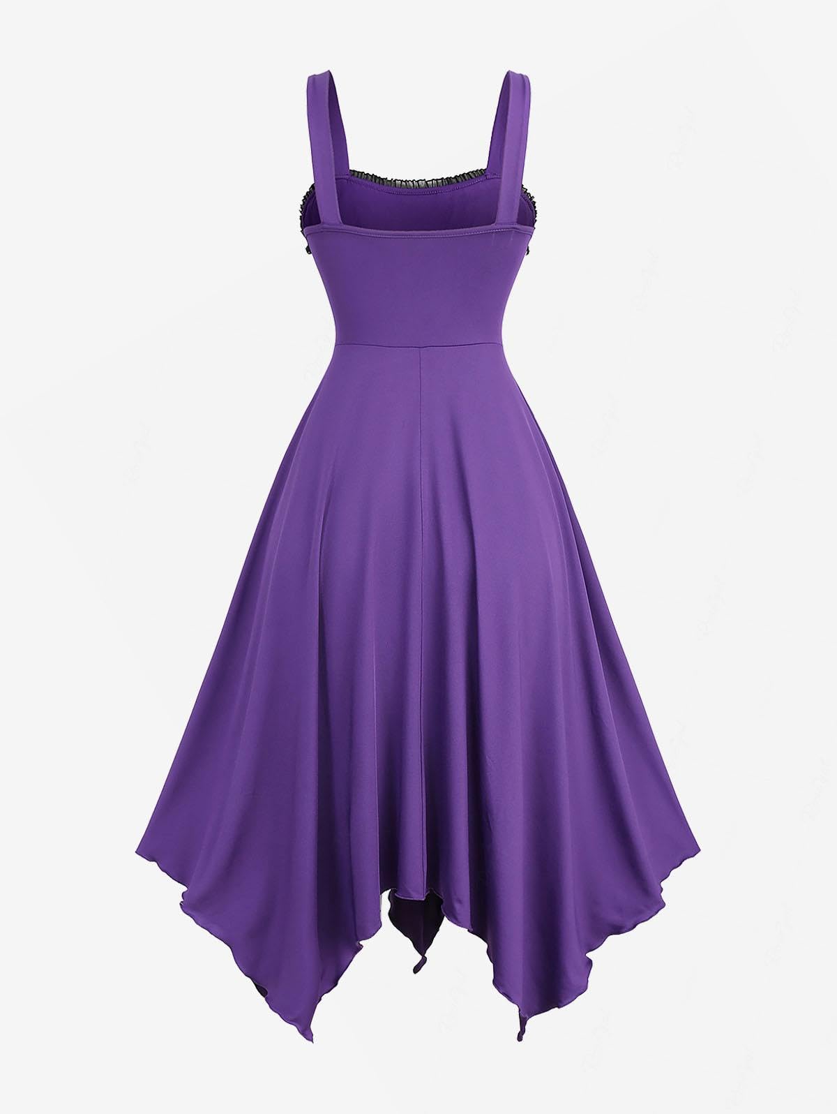 Rosegal Plus Size Women Goth Vintage Layered Handkerchief Corset Dress Ruffles Lace-up Rose Flocking Midi Gothic Halloween Witch Costume Dress(Purple_1/1X)