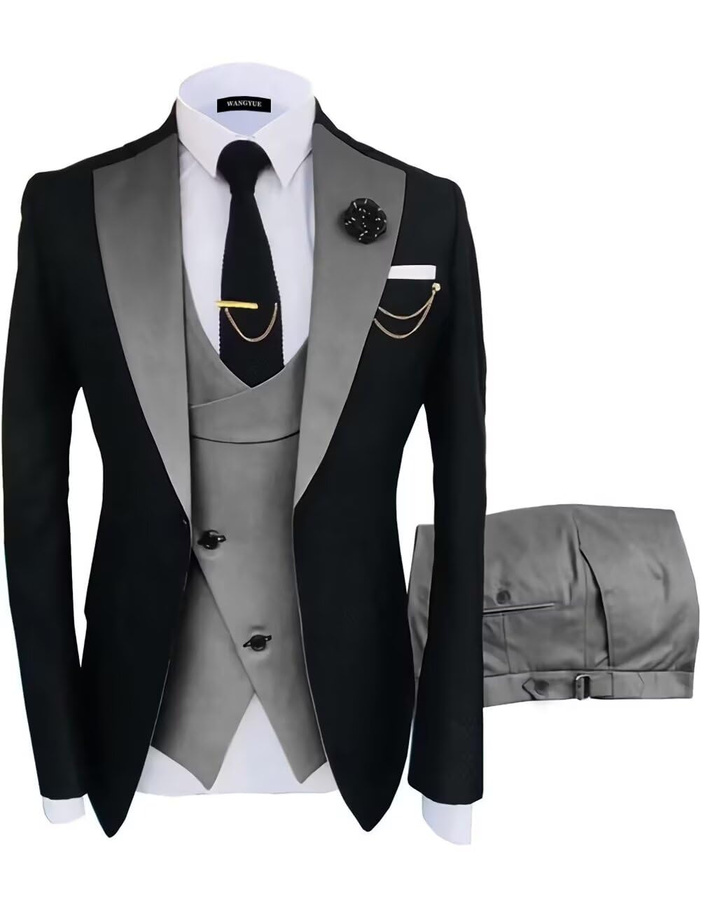 Wangyue Mens Suits Black Grey Tuxedo Mens 3 Piece Suit Slim Fit Tuxedo for Men Prom Wedding Suits Groomsman Dinner Party,L