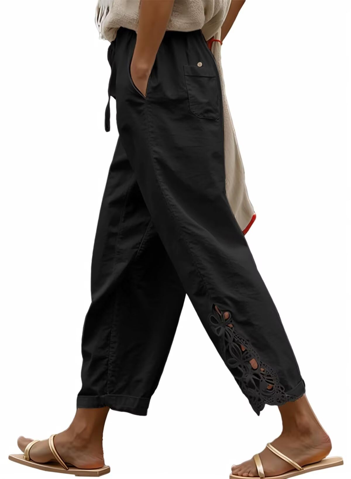 Acelitt Womens Casual Linen Pants Lightweight Drawstring Elastic Waist Fall Capri Pants Trousers Black Medium