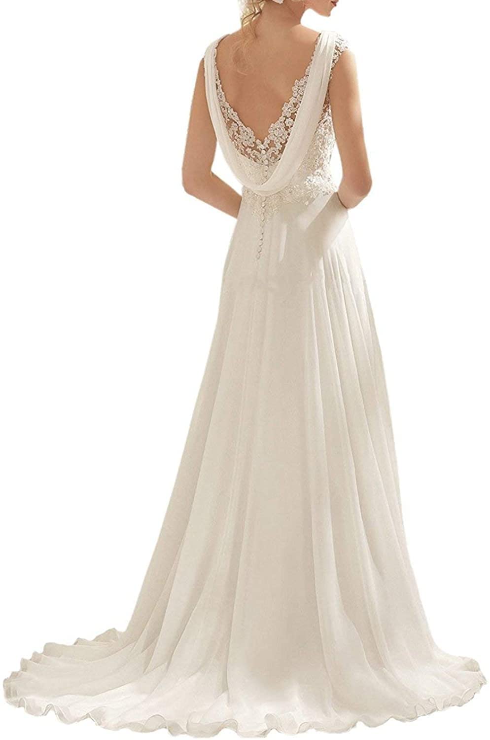 Abaowedding Women's Wedding Dress Lace Double V-Neck Sleeveless Evening Dress Off-White US 8