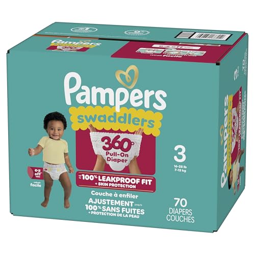 Pampers Diapers - Swaddlers 360° - Size 3, 70 Count, up to 100% Leakproof Comfy Dry Fit, Designed for Easy Changes, Pull On Baby Diaper (Packaging May Vary)