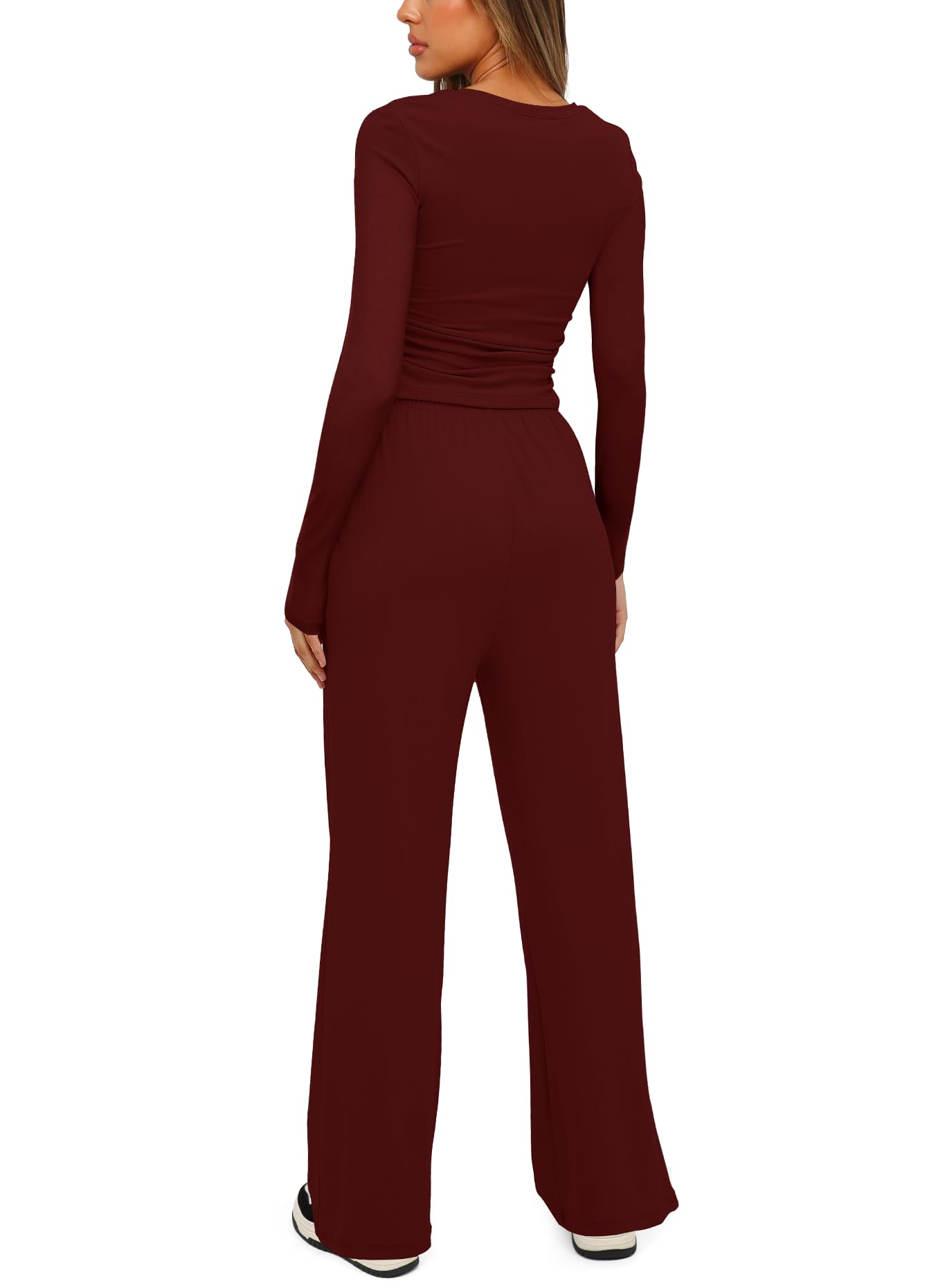 Darong Womens 2 Piece Outfit Long Sleeve Pullover Tops Wide Leg Pants Set Tracksuits 9065A Wine Red S