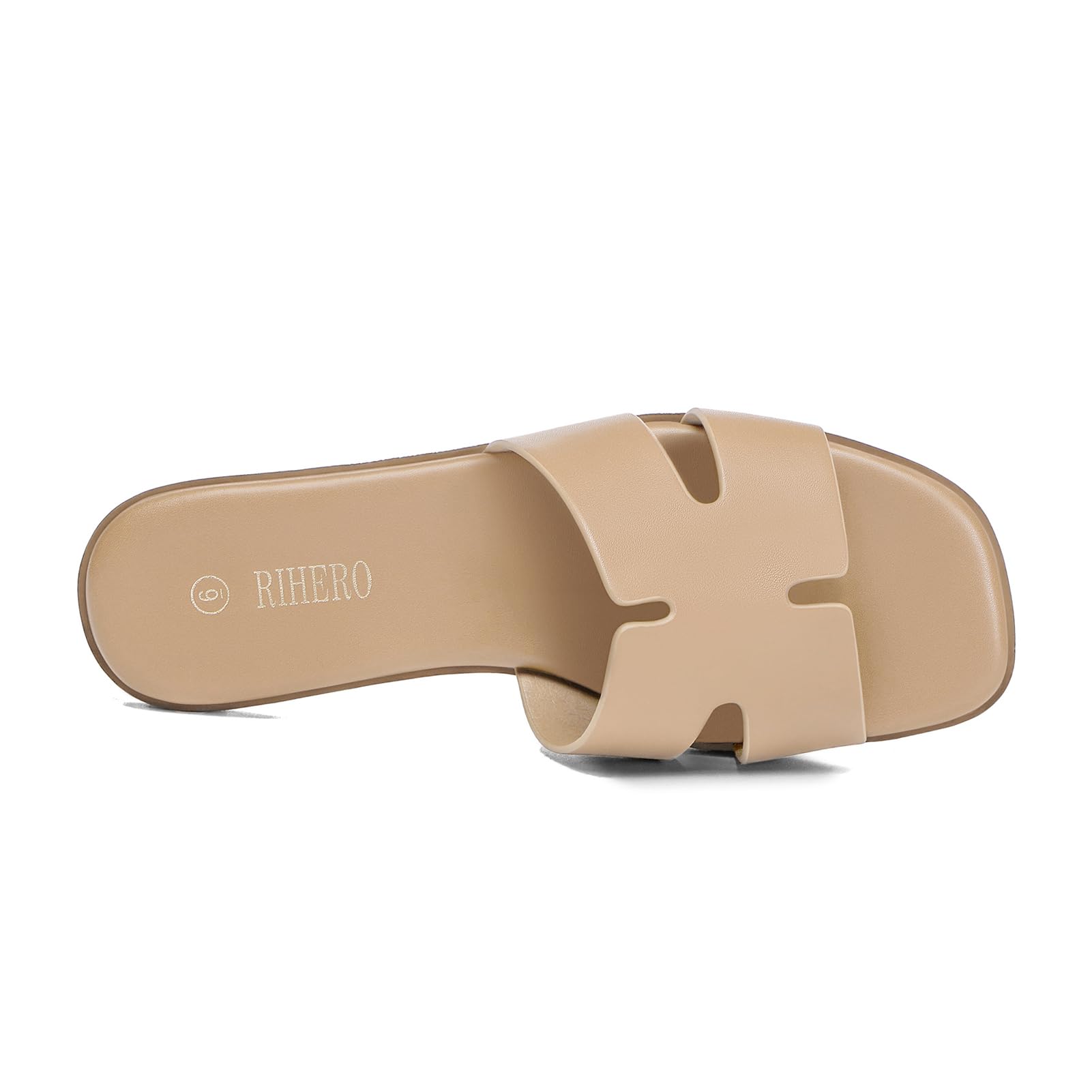 Rihero Women's Dressy Flat Sandals Comfortable Slip On Leather Slide Tan Sandals
