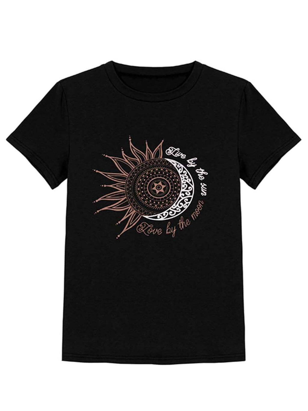 MaQiYa Womens Graphic Tees Summer Short Sleeve Cotton Moon and Sun Printed T Shirts Tops (Large,Black)