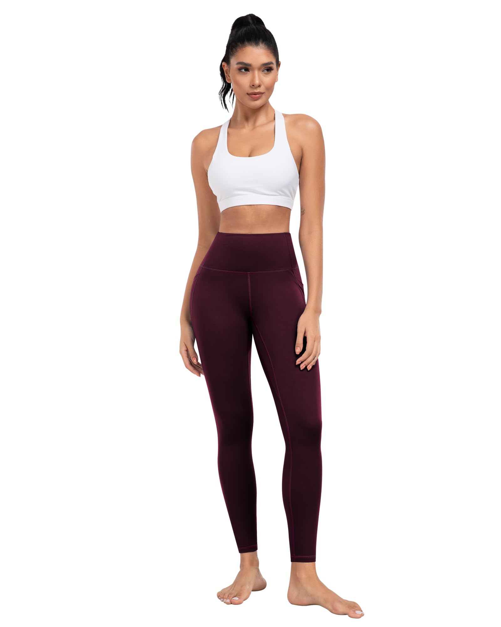 ATHVOTAR Leggings with Pockets for Women, 7 Packs High Waisted Workout Tummy Control Yoga Pants Black/Gray/Navy/Burgundy/Army Green/Dark Brown/Cassis L
