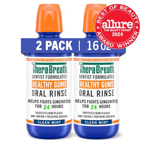 TheraBreath Healthy Gums Oral Rinse, Antigingivitis, Clean Mint Flavor, Dentist Formulated to Help Prevent Gingivitis and Support Gum Health, Alcohol Free, 16 Fl Oz (Pack of 2)