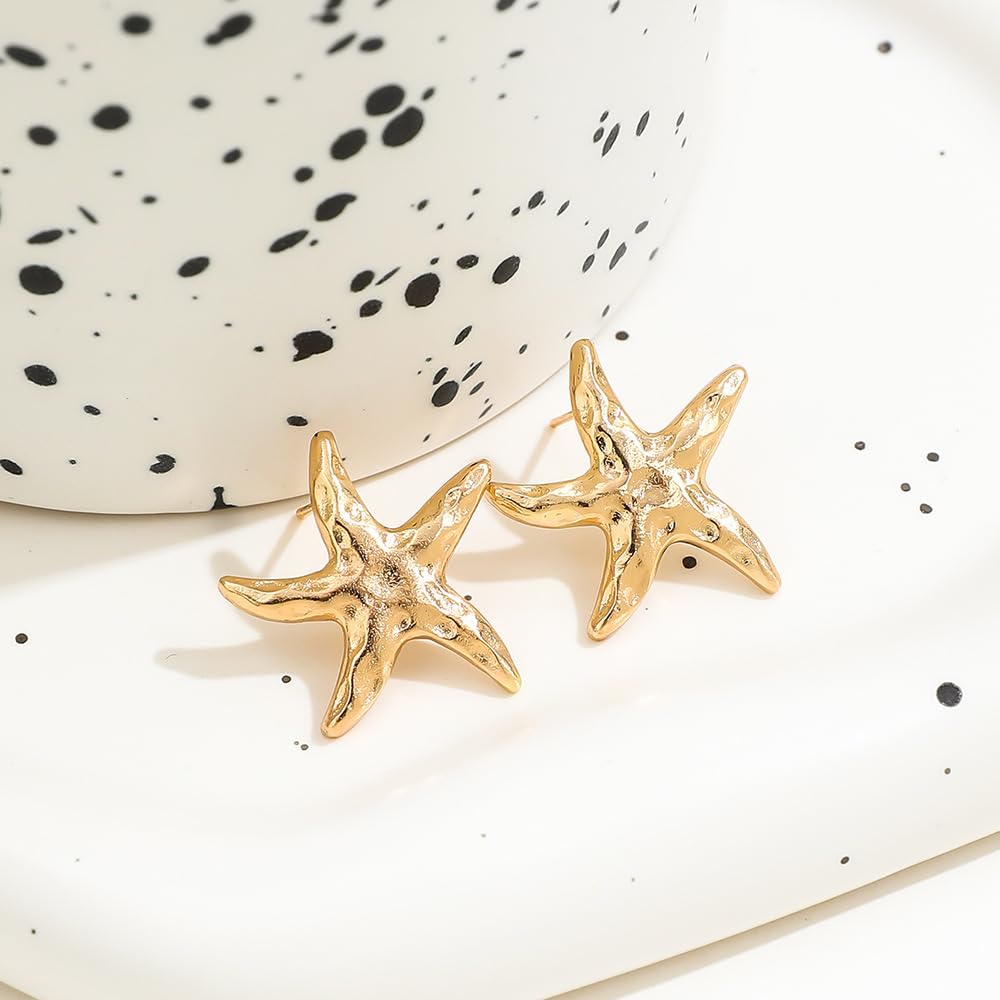14K Gold Plated Starfish Earrings for Women Trendy, Boho Summer Beach Starfish Earring Gold Statement Hypoallergenic Studs Vacation Outfits Accessories Jewelry (Gold-2)