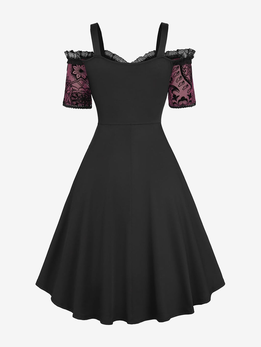 ROSE GAL Plus Size Gothic Lace Up Cross Flocking Floral Mesh Panel Layered Ruffles Cold Shoulder A Line Knee Length Flowy Dress(Red/L)